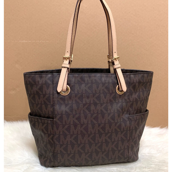 MICHAEL KORS Large Brown Pebbled Logo JET SET TRAVEL Pocket Tote - Picture 3 of 16